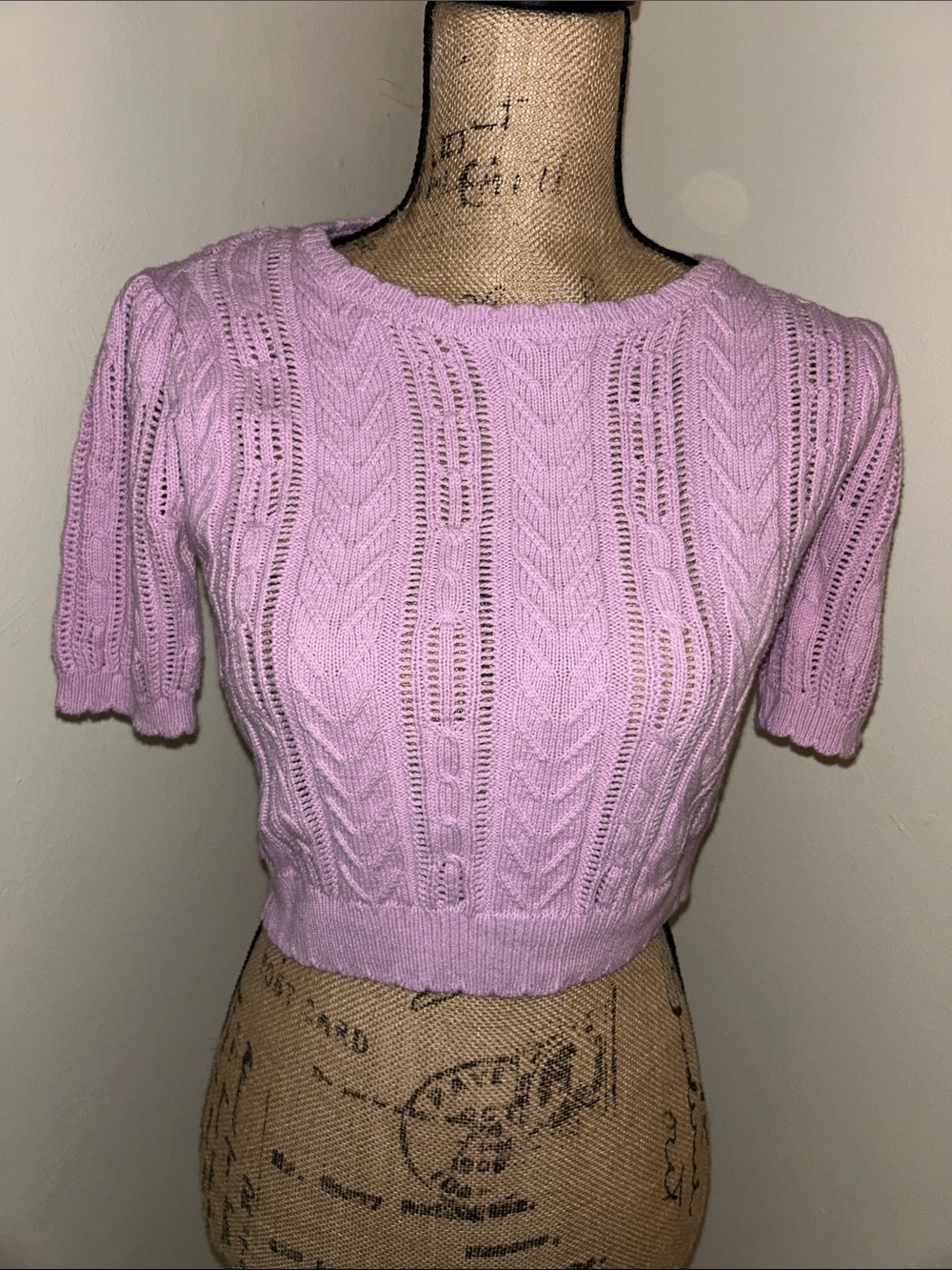 Lilac Cable-Knit Short Sleeve Crop Top
